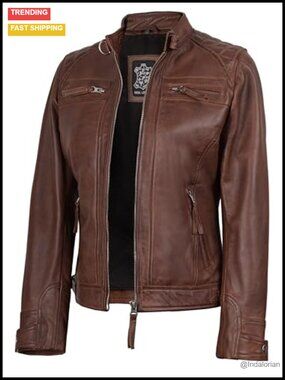 Real Lambskin Leather Cafe Racer Moto Jacket for Women Quilted Zip-Up
